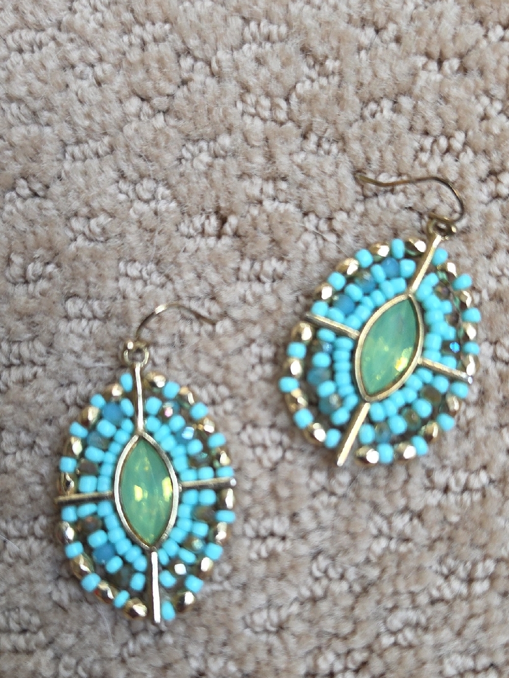 Turquoise Beaded Marquise Drop Earrings - Gold Accent